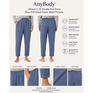 AnyBody Women 2X Double Knit Pants Blue Cuff Detail Elastic Waist A384067 NWT